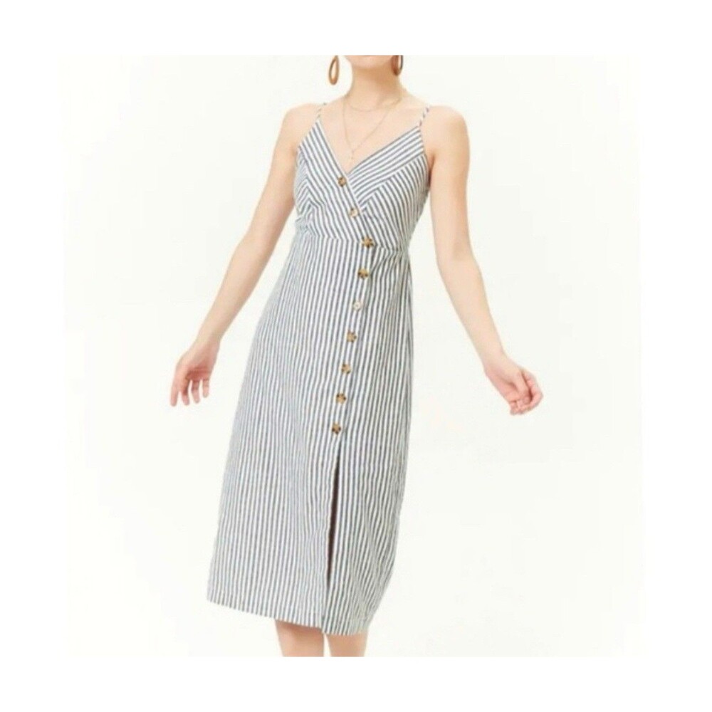 Forever 21 Striped Cotton Linen Midi Dress Womens Medium Spaghetti Strap Lined